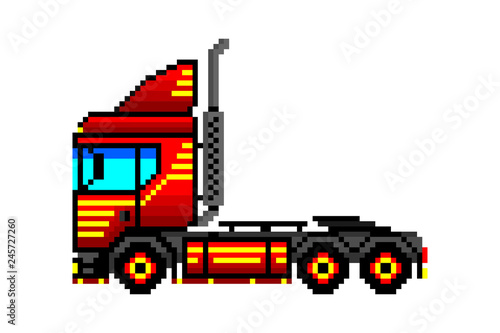 Pixel truck tractor. Vector image. Isolated object on white background. Side view.