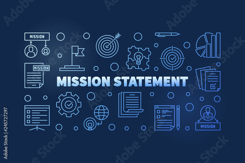 Mission Statement blue banner in thin line style. Vector illustration on dark background