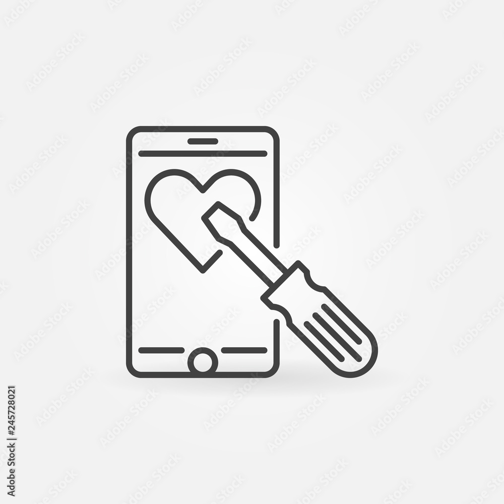 Smartphone with screwdriver vector concept icon or symbol in thin line style Smartphone with screwdriver vector concept icon or symbol in thin line style
