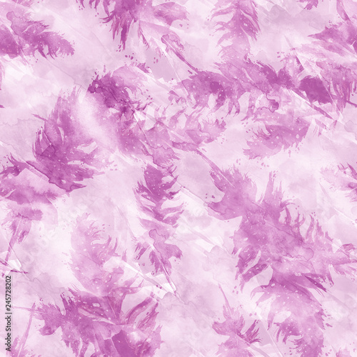 Seamless watercolor abstract background with beautiful pink, purple, lilac feathers, autumn leaf drawings. Vintage illustration with an abstract pink paint glue. For textiles, material,wallpapers.