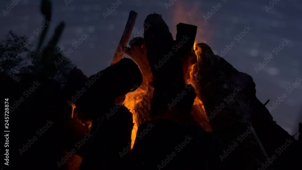 Low angle fire bonfire at night forest evening sky with shining stars at background panning shot. Amazing bright burn woods log surrounded by summer trees in dusk Low angle fire bonfire at night forest evening sky with shining stars at background panning shot. Amazing bright burn woods log surrounded by summer trees in dusk