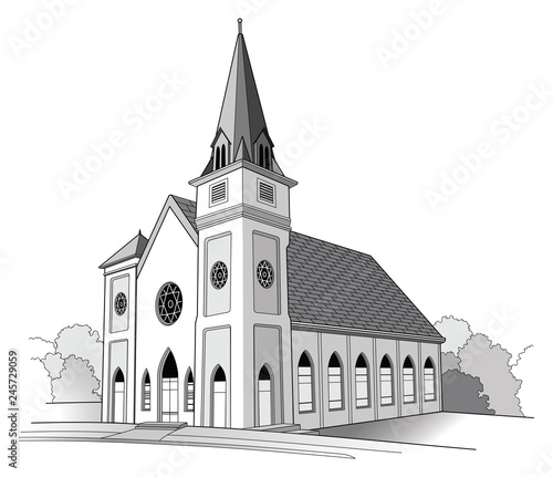 Church Line Drawing is a detailed illustration of a church.It has the shape of a traditional church but is an imaginary building