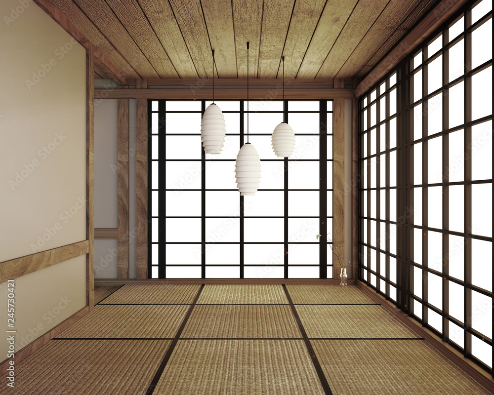 Tatami mats and paper sliding doors called Shoji room japanese zen style.3D rendering Tatami mats and paper sliding doors called Shoji room japanese zen style.3D rendering