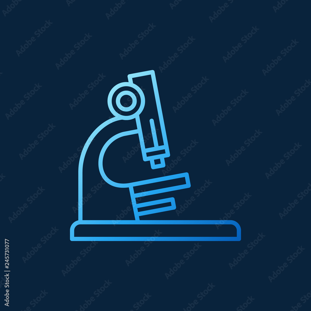 Microscope blue linear icon - vector chemistry and science concept outline sign on dark background Microscope blue linear icon - vector chemistry and science concept outline sign on dark background