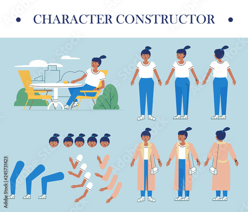 Dark skinned young girl in vector flat style. African cute woman character with various views. 