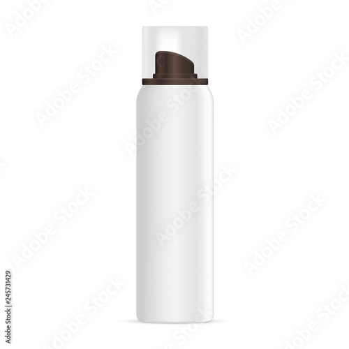 Cosmetic Bottle for Foam. Aluminum Tin with Transparent Cap and Brown Dispenser. Compressed Air Odor Package. 3d Metal White Tube for Beauty Product.