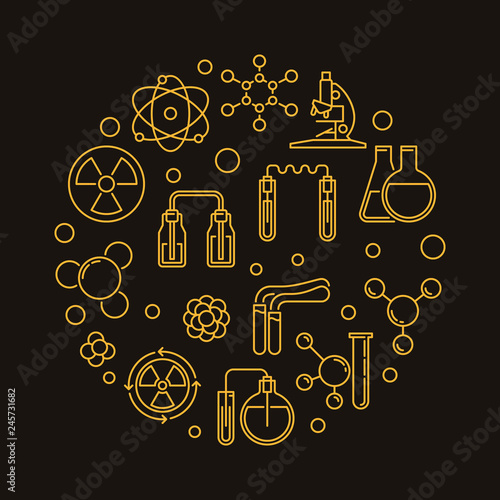 Chemistry of Radioactive Elements vector concept yellow round outline illustration on dark background