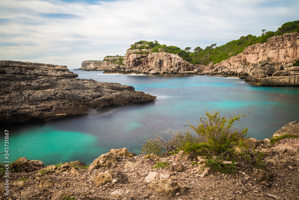 Seaside view from Cala Almonia, beautiful wild natural beach on Mallorca island