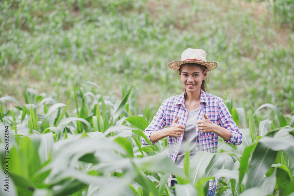 Asian girl standing and smiling in her corn field, Happy Farmer Concept Asian girl standing and smiling in her corn field, Happy Farmer Concept