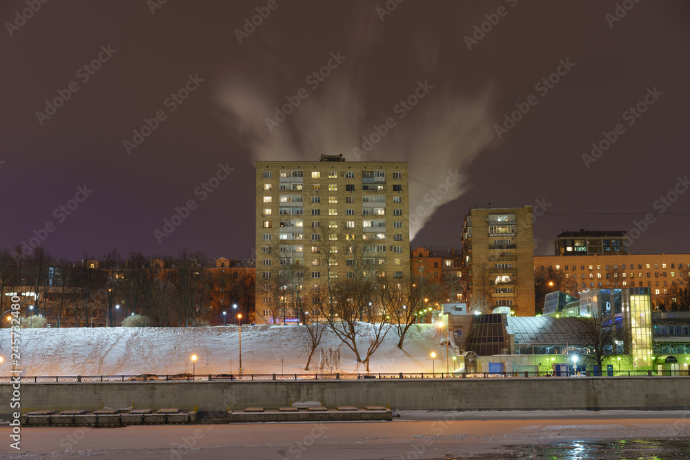 Moscow at the snowy winter night. Long exposure image.