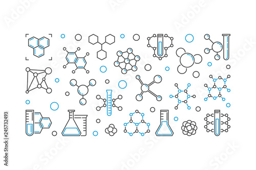 Chemical concept linear banner. Vector outline horizontal illustration on white background