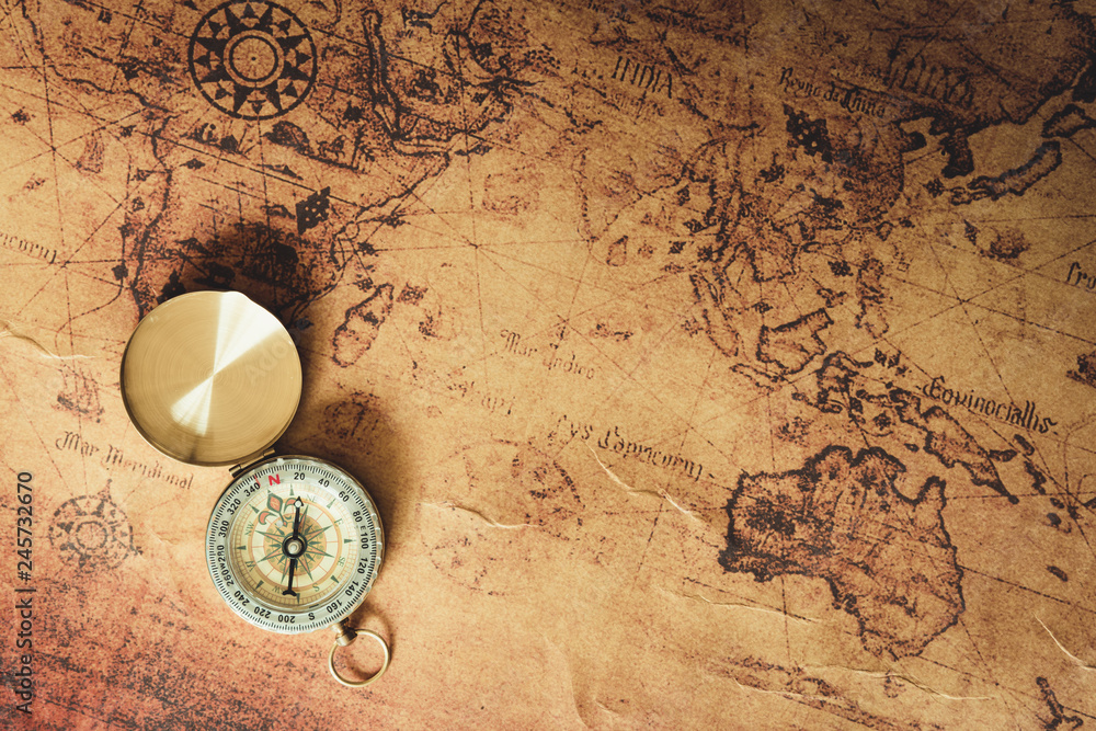 Navigator explore journey with compass and world map., Travel destination and planning vacation trip., Vintage concept.