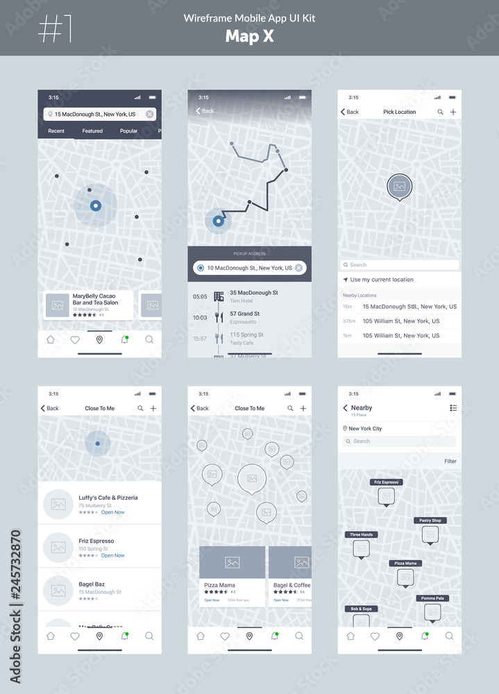 Wireframe kit for mobile phone. Mobile App UI, UX design. New map position:  popular places, close to me cafes and restaurants, address, way, search,  filter, route, list and pick location screens. Stock