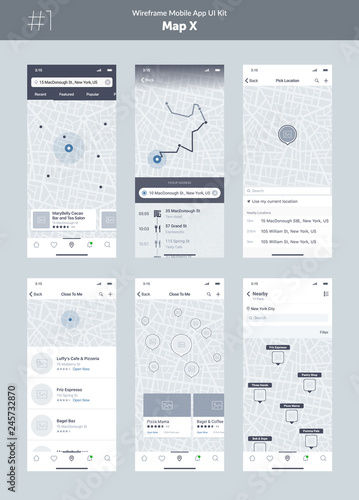 Wireframe kit for mobile phone. Mobile App UI, UX design. New map position: popular places, close to me cafes and restaurants, address, way, search, filter, route, list and pick location screens.