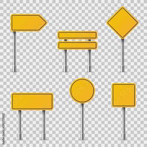 Yellow road signs. Blank traffic road empty warning caution attention stop safety shape danger boards street guide
