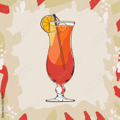 Hurricane cocktail illustration. Alcoholic bar drink hand drawn vector. Pop art