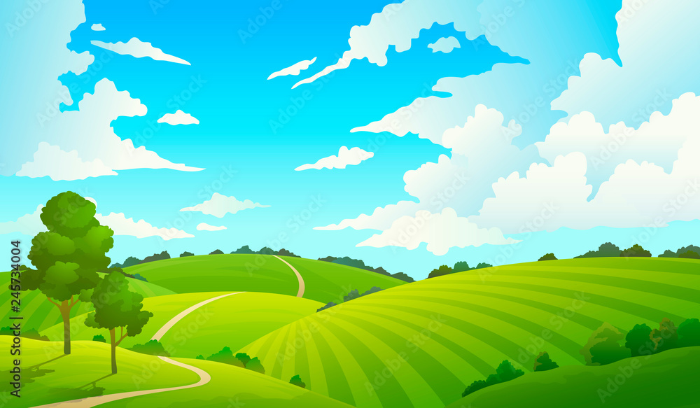 Summer field landscape. Nature hills fields blue sky clouds sun countryside. Cartoon green tree and grass rural land.