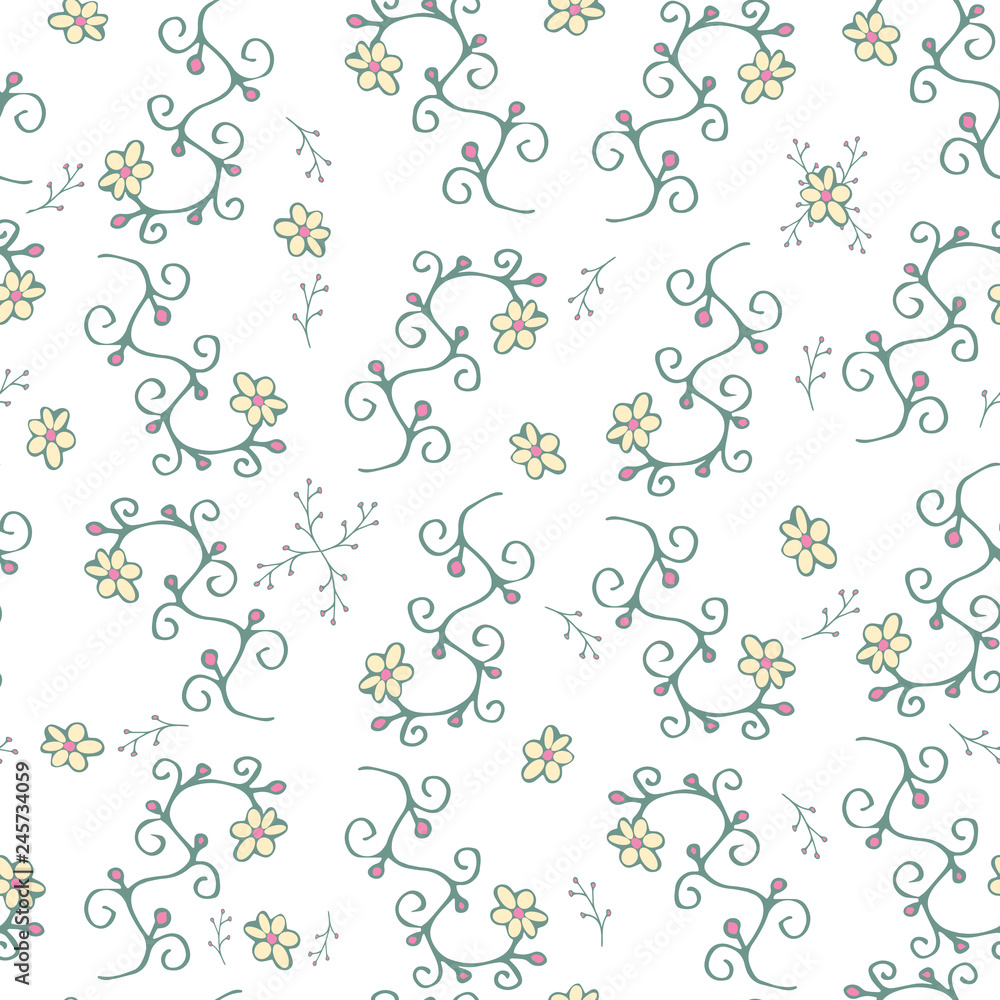 Plants, branches, berries and flowers - seamless pattern, hand drawing vector. Green plants with yellow flowers and pink berries. For textiles, linen, dishes, packaging. Plants, branches, berries and flowers - seamless pattern, hand drawing vector. Green plants with yellow flowers and pink berries. For textiles, linen, dishes, packaging.