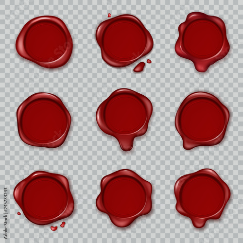 Wax seal. Original waxing rubber old vintage document envelope seals red approve stamps isolated vector 3d set