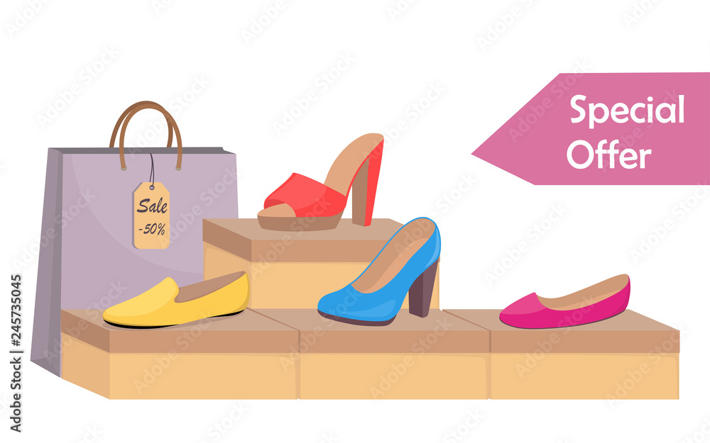 Vecteur Stock Shoe boxes with woman s footwear. Stylish modern woman s red shoes on box colorful paper bag and price tag with 50 percent discount. Footwear sale advertising banner. Vector illustration