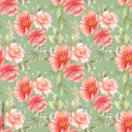 pattern, seamless drawing a bouquet of flowers on a green background