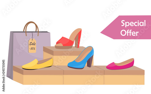 Shoe boxes with woman s footwear. Stylish modern woman s red shoes on box, colorful paper bag and price tag with 50 percent discount. Footwear sale advertising banner. Vector illustration.