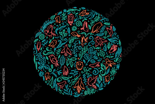 Abstract circle ornament with birds, flowers, leaves. Nature theme. Handmade style. Can be used as a print, cover, background, etc.