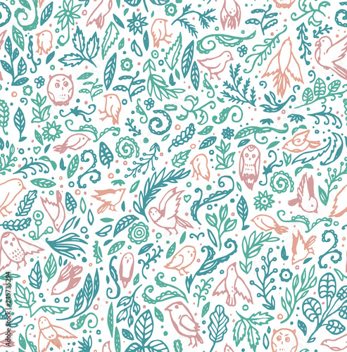 Seamless ornament with birds, flowers, leaves. Nature theme. Handmade style. Can be used as a print, cover, background, etc.
