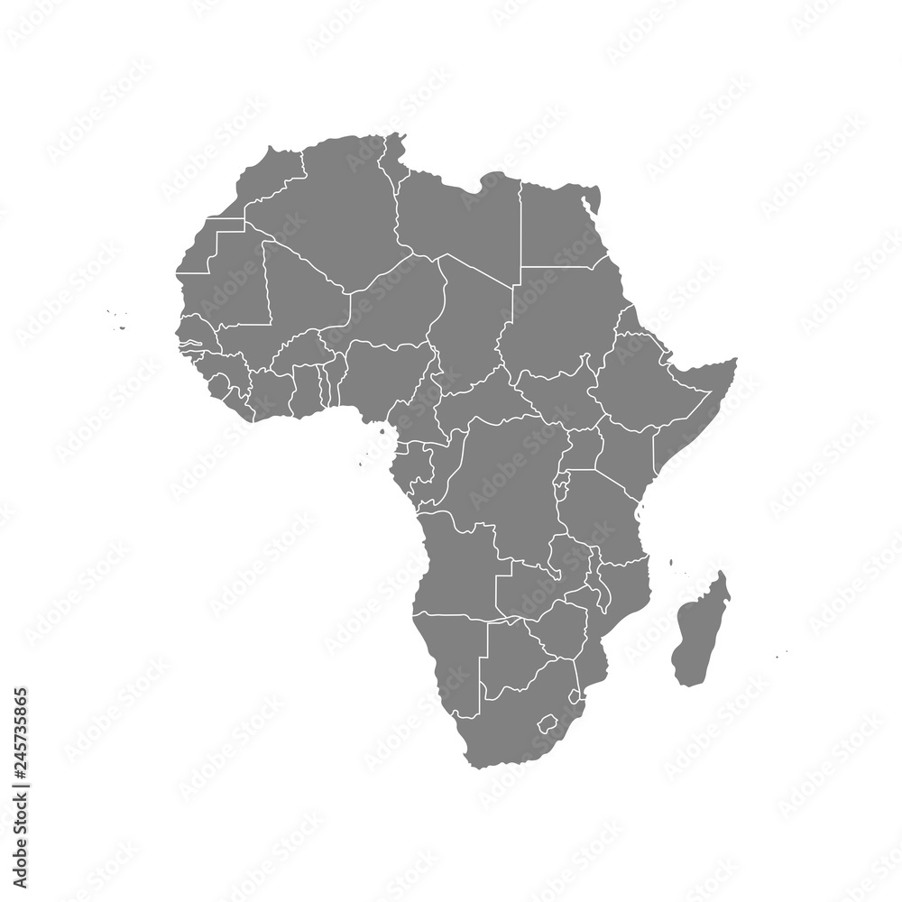 Obraz premium Vector isolated illustration with African continent with borders of all states. Grey political map. White background and outline. Note: Morocco and Western Sahara shown separately