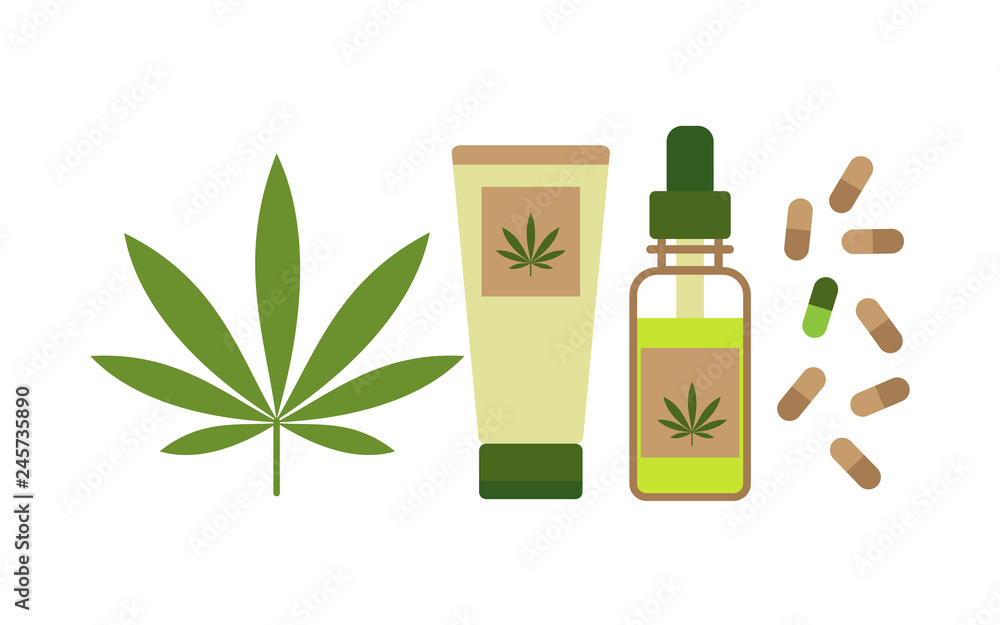 Hemp products concept. Oil, cream and capsules from cannabis Hemp products concept. Oil, cream and capsules from cannabis