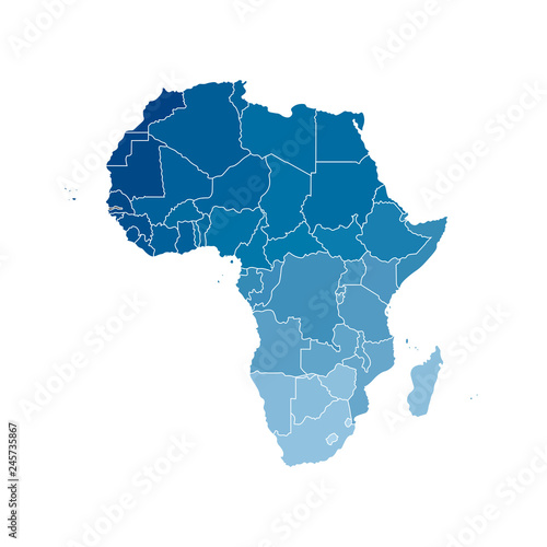 Vector isolated illustration with African continent with borders of all states. Political map. White background and outline. Blue gradient. Note  Morocco and Western Sahara shown separately