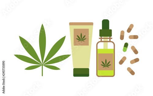 Hemp products concept. Oil, cream and capsules from cannabis