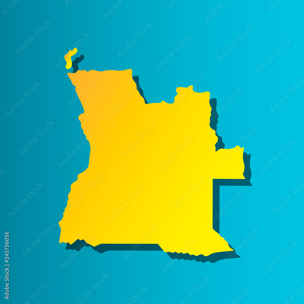 Political map African state - Angola .  Colorful vector isolated illustration icon. Yellow (orange) silhouette with shadow. Blue background