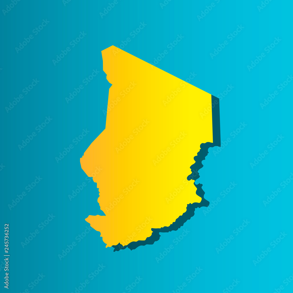 Obraz premium Political map African state - Chad. Colorful vector isolated illustration icon. Yellow (orange) silhouette with shadow. Blue background