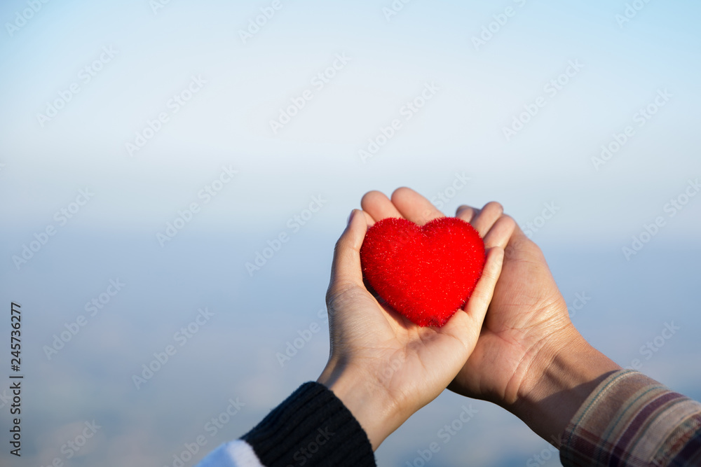 Heart in hands, loving couple and  sunrise background, Couple in love, Happy couple in love,  Love couple.