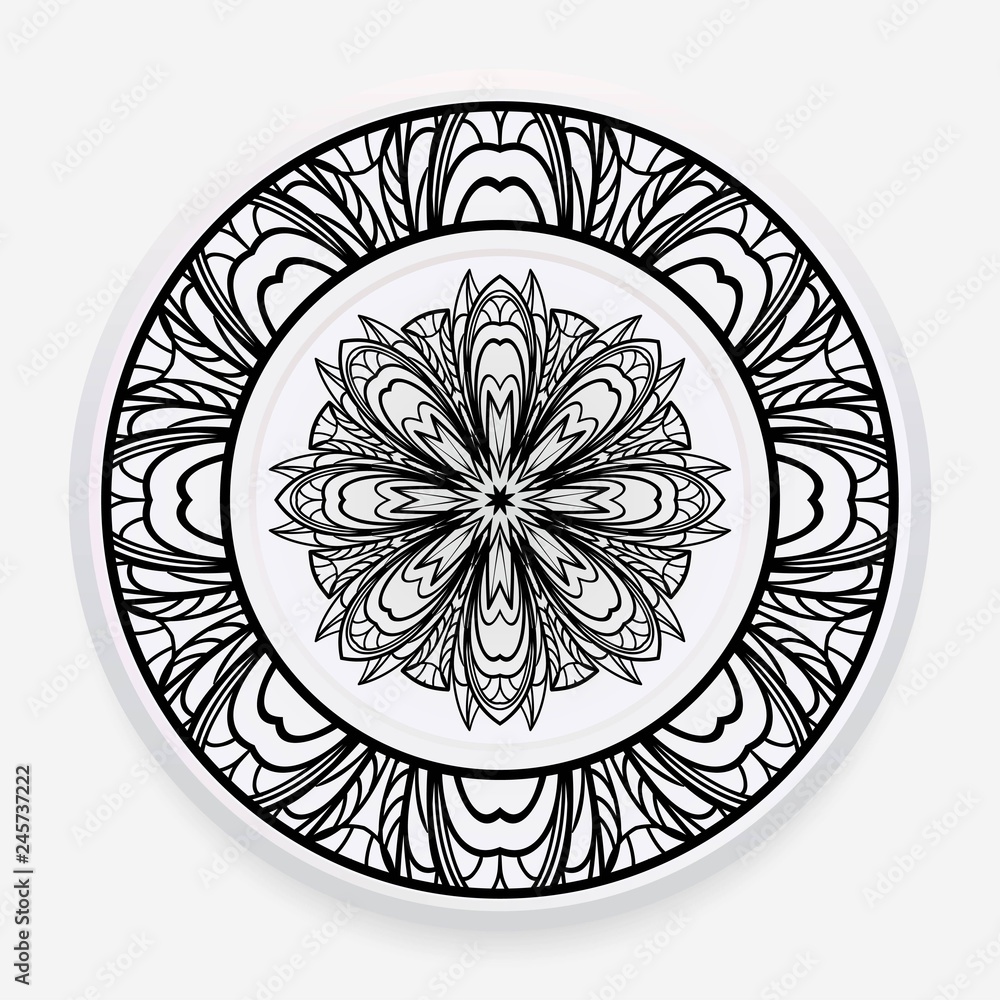 Decorative plate with round mandala ornament. Abstract floral pattern in ethnic style. Vector illustration