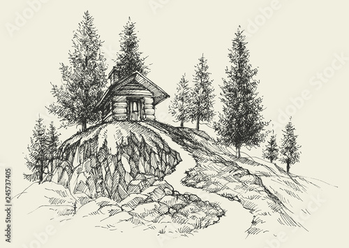 Relaxing place hand drawing, a retreat in nature landscape