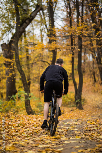 Back view of young active man sitting on bicycle and moving along forest path on weekend © dianagrytsku