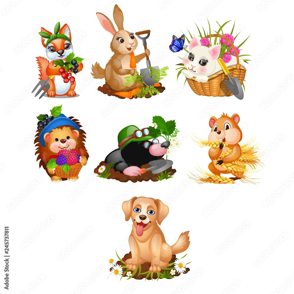 Obraz premium Set of cute animals and harvest ripe vegetables and fruits isolated on white background. Vector cartoon close-up illustration.