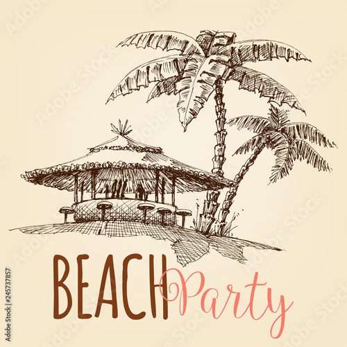 Beach party wallpaper, beach bar and palm trees