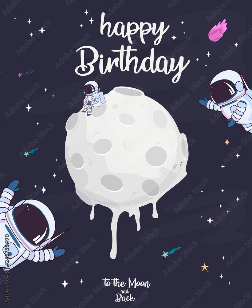 Sweet space cartoon poster with fantasy sweets moon and astronaut