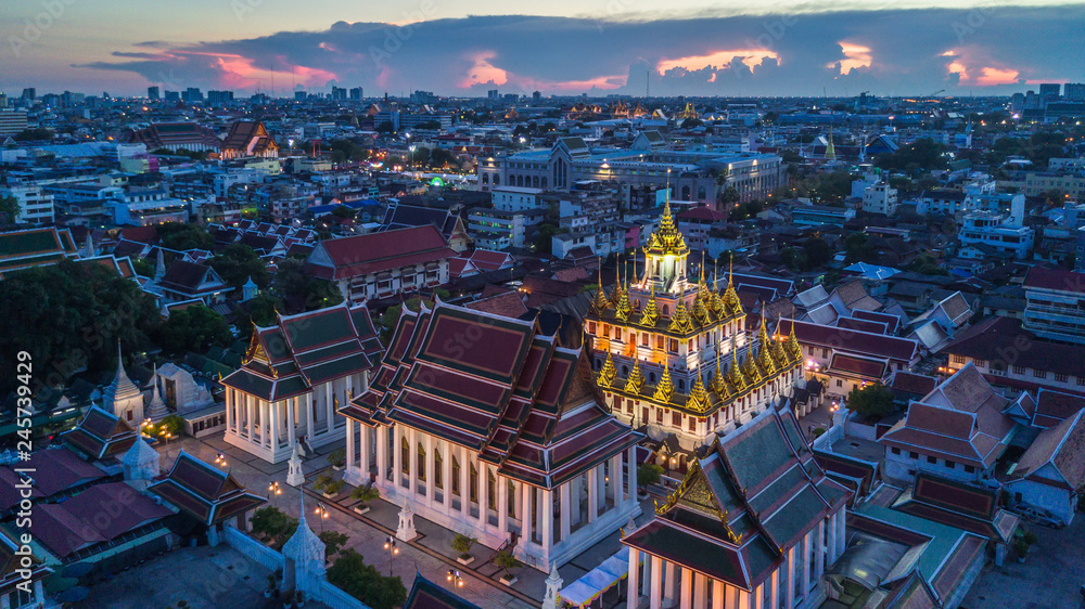 Wat Ratchanatdaram Temple in Bangkok, Thailand, Aerial view Bangkok city.