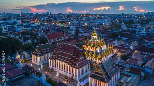 Wat Ratchanatdaram Temple in Bangkok, Thailand, Aerial view Bangkok city.