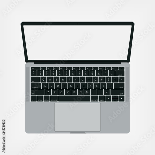 Top view of modern laptop with Eng keyboard isolated on white background.