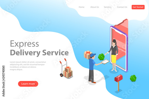 Isometric flat vector landing page template of express delivery service, courier service, goods shipping, food online ordering.