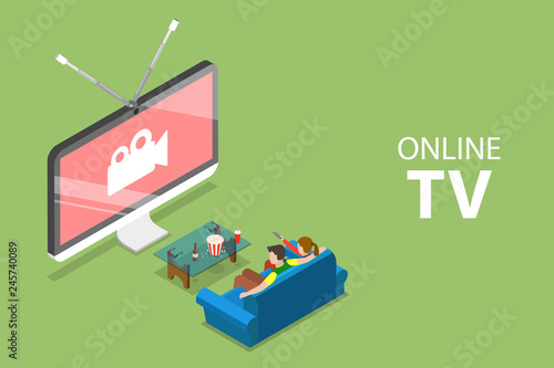 Isometric flat vector concept of smart TV, home entertainment, movie online, streaming.