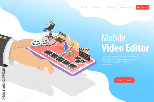 Isometric flat vector landing page template of video editing app, multimedia production, video blogging, motion design.
