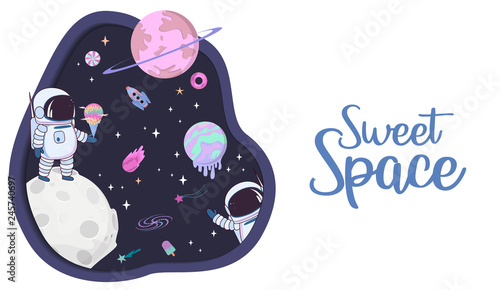 Sweet space cartoon poster with fantasy chocolate cookie, candy, donut, caramel sweets planets and astronaut. Birthday party invitation, Fantasy galaxy game concept. Editable vector illustration