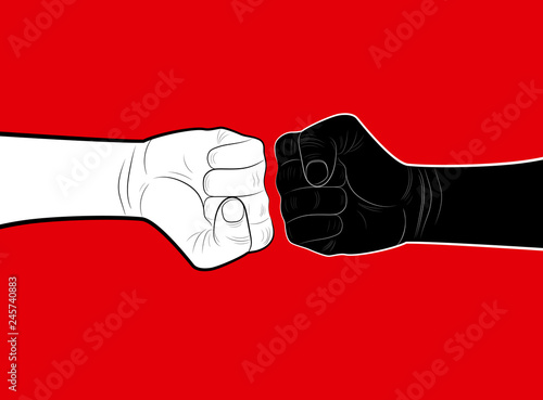 stop racism concept, two hands black and white on the red background, minimalist poster,