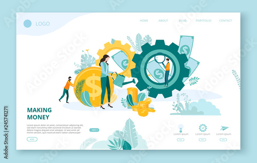 Landing page for site or web page template for business projects with people, money and space for text on white background.